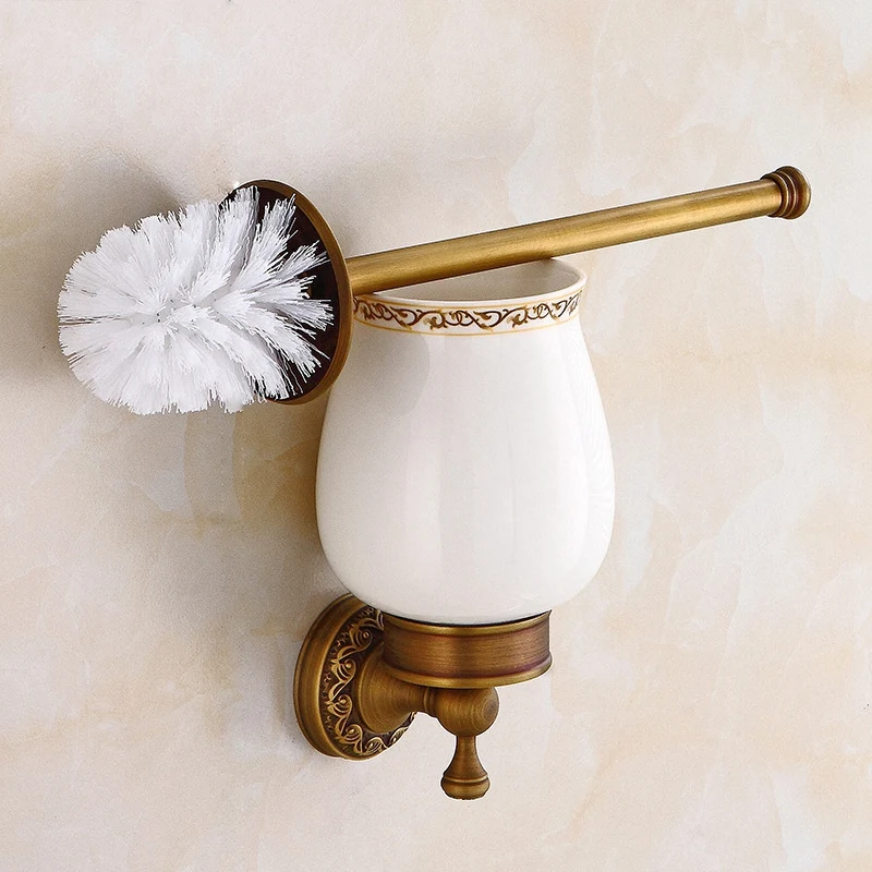

Antique Brushed Brass Carved Wall Mounted Toilet Brush Holder Bathroom Hardware Bathroom Accessories