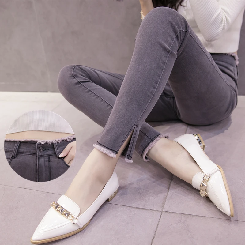 Skup Kobiety wysokiej talii Burr dżinsy Korea ubrania Skinny elastyczność dżinsy Aautumn cienki odcinek stopy wiosenne dżinsy Femme spodnie dżinsowe Split