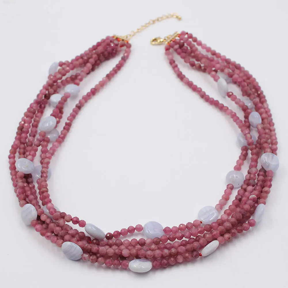 6 Strands Red Round Faceted Tourmalines Blue Agate Chalcedony Necklace Fashion Jewelry
