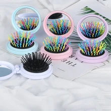 Portable Round Pocket Comb Small Size Travel Airbag Massage 7Colors Folding Comb Girl Hair Brush With Mirror Styling Tools TSLM1