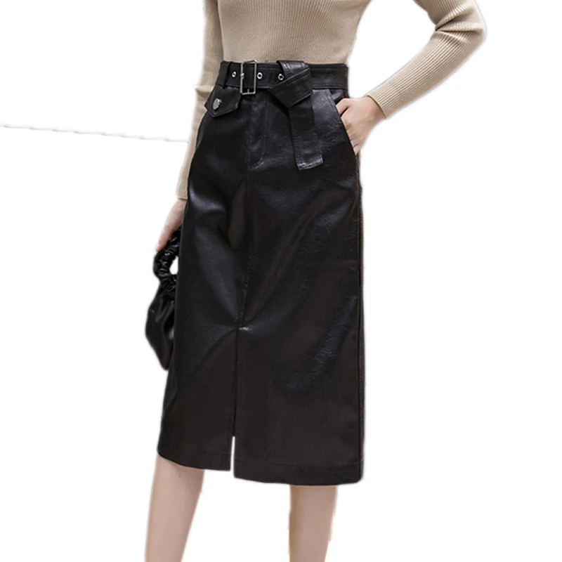 REALEFT New Midi PU Leather Skirts Fashionable Midi Skirt With Pocket Slash Bottom Split Women Casual Skirts Female