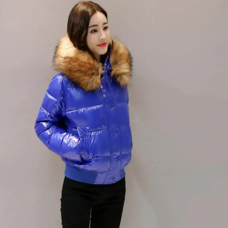 Зимнее новое яркое пальто, хлопковое женское корейское короткое пуховое хлопковое Стеганое пальто с большим меховым воротником, хлопковая куртка, Женское пальто - Цвет: blue