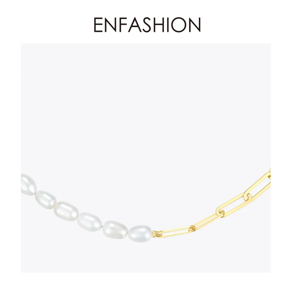 ENFASHION Natural Pearl Link Chain Choker Necklace Women Gold Color Stainless Steel Lady Necklace Fashion Femme Jewelry P193051