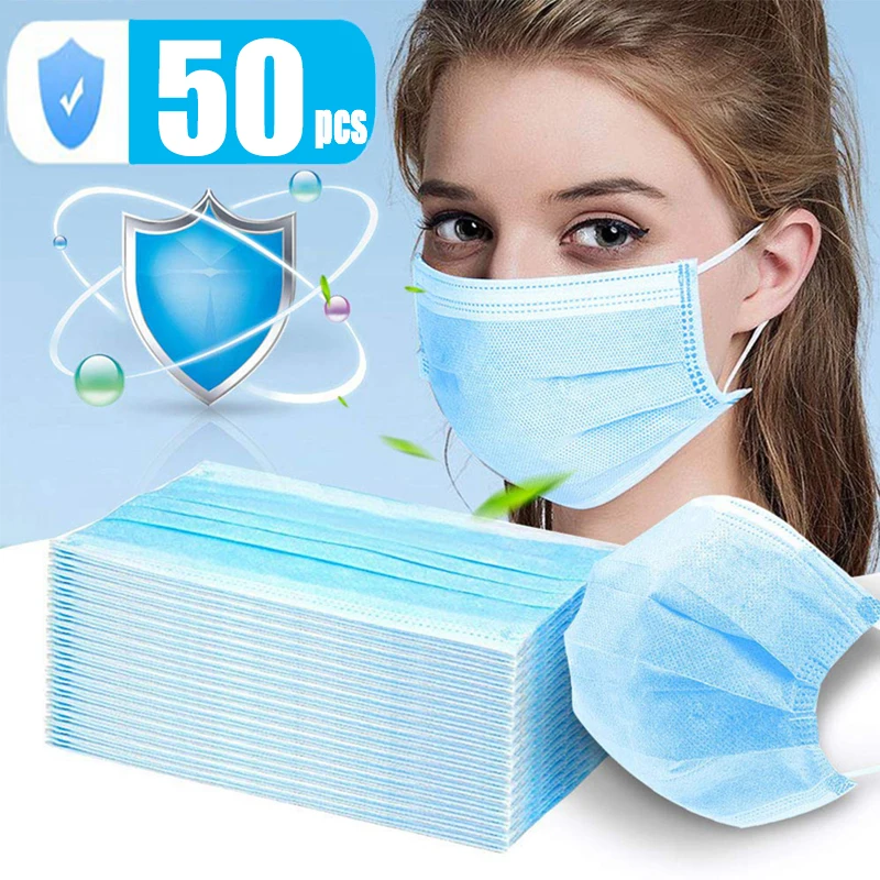 

100/50 Pcs Disposable Masks Anti Droplet Anti-flu 3-Layer Filter Safety Face Mask Proof Dustproof Protective Hygiene Mouth Maska