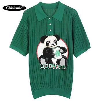 

Chiskmio Cartoon Panda Knitted Sweater Women Turn-down Collar Hollow Out Pullover Tops Sequined Letter Knitted Sweaters Women