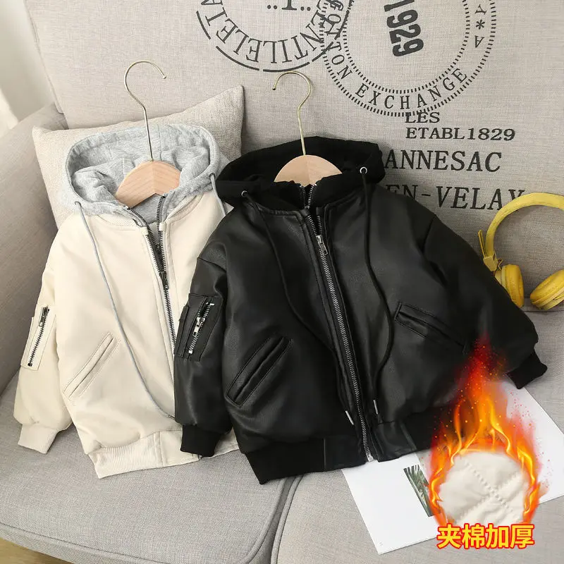 Fashion Autumn And Winter Child Coat Waterproof Baby Boys Leather Jackets Warm thick Hooded Children's Clothing TZ29