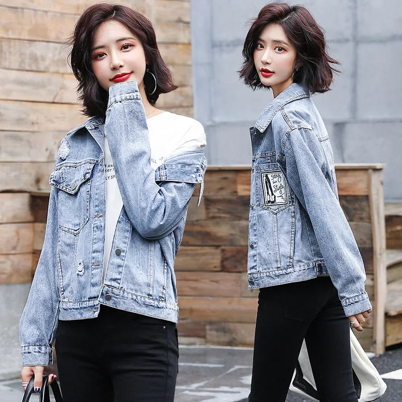 

2019 Autumn Versatile Fashion Short Patterned Denim Jacket Single Breasted