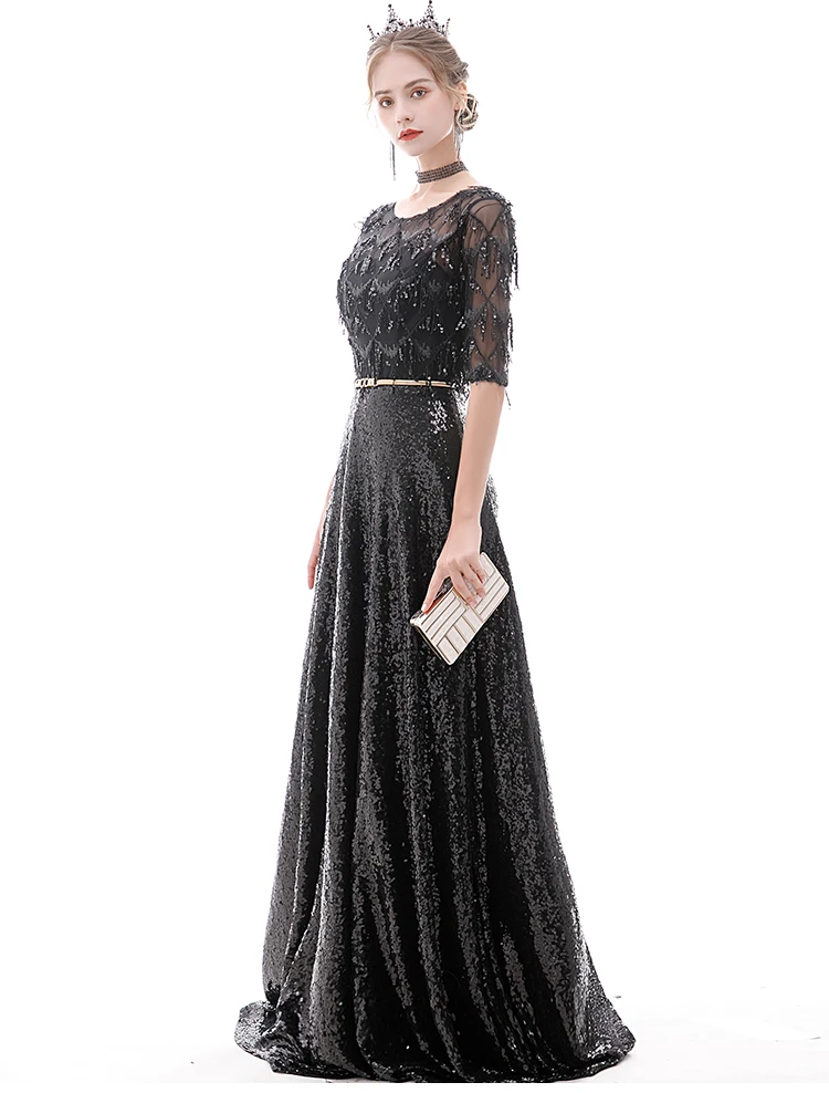 Vestido largo fiesta noche Элегантное Черное вечернее платье с коротким рукавом вечернее платье женское платье вечернее платье E26
