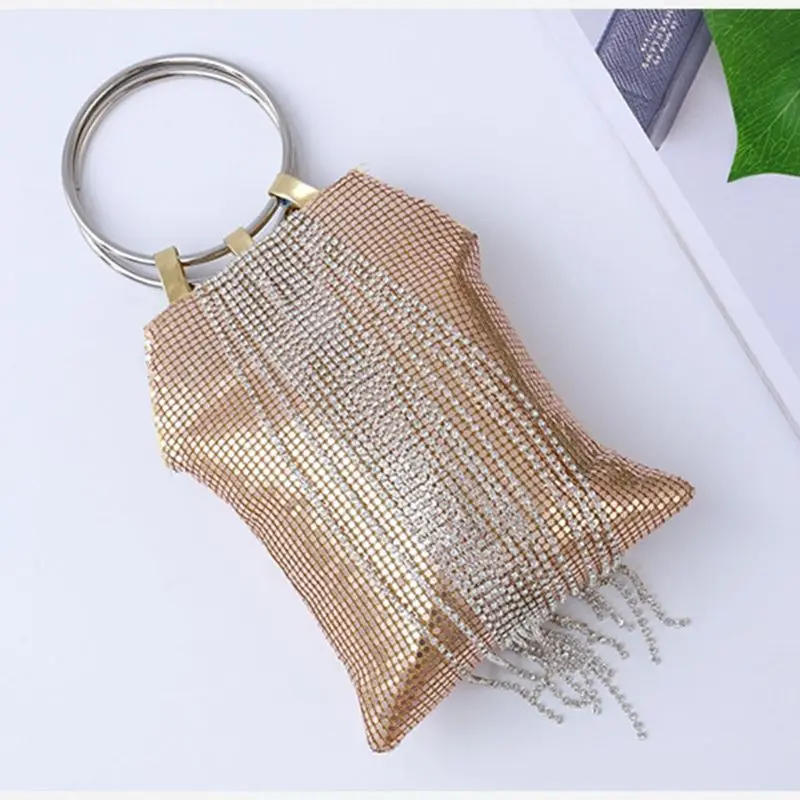 Bracelet Ring Handle Cocktail Party Wedding Clutch Rhinestone Tassels Tote Handbag Metal Mesh Evening Bag X7XC