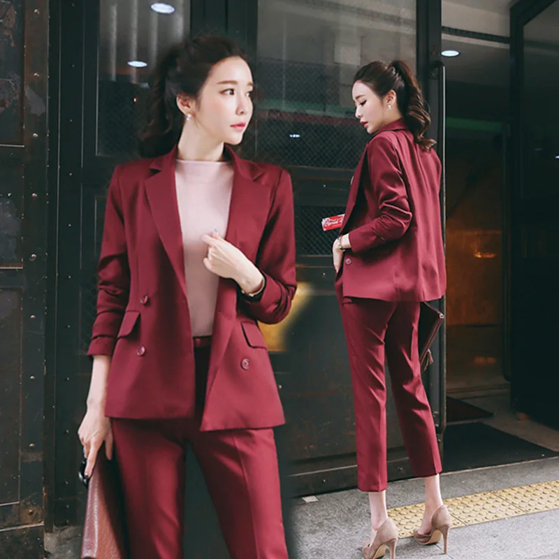 

Women's Suit Set 2019 Spring and Autumn New Fashion Slim Wine Red Professional 2 Piece Set Suit Women's Pantsuit