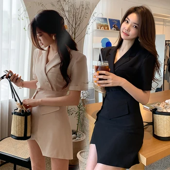 

New arrived 2020 korean Runway Women office work wear slim Sexy dress + high waist high end skirts clothes 2 piece set Suit