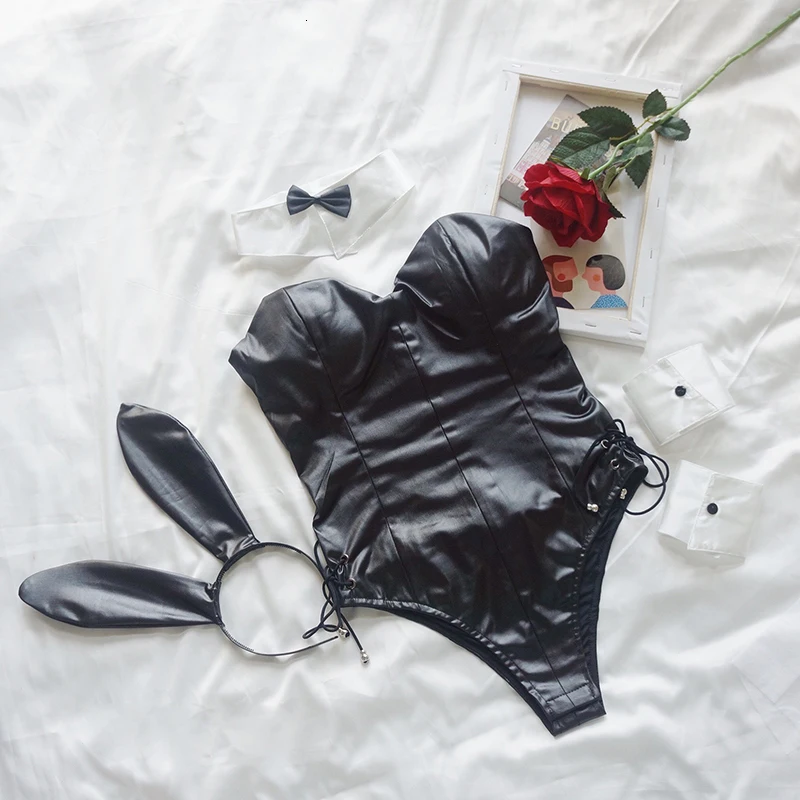 Банни горничной косплей сексуальный взрослый костюм Эротическое белье наряд милый черный комбинезон женский Кролик Необычные боди с открытой промежностью