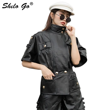 

Genuine Leather Jacket Button Detail Trutleneck Collar Drop Shoulder Flare Sleeve Jacket Coat Women Autumn Fit and Flare Outwear