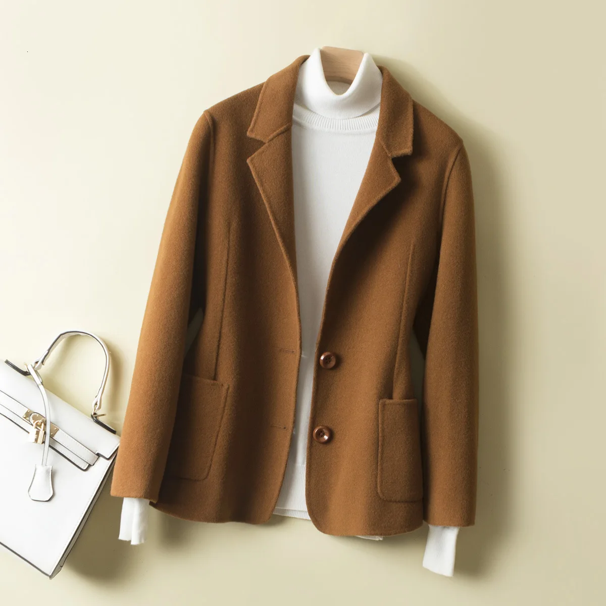 Чистая шерсть шерстяное пальто для женщин осень маленький костюм шерстяное пальто для женщин шоу высокая и тонкая кашемировая Двусторонняя Куртка - Цвет: Caramel coat