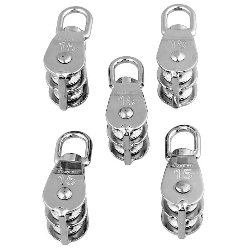 

304 Stainless Steel M15 Double Pulley Block for Wire Rope Chain Traction Wheel Set of 5