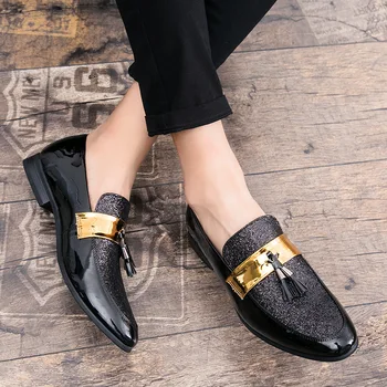

2020 New Design Men Flat Black Golden Patchwork Leather Formal Shoe Men Slip On Casual Leather Shoes Man Party Dress Shoes