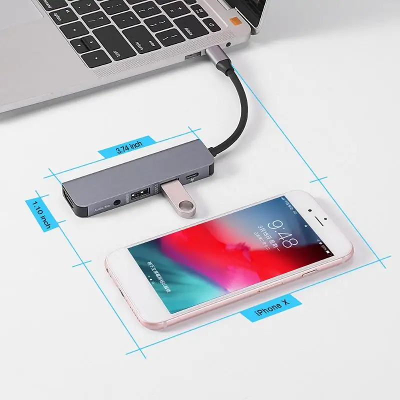 VODOOL 5 в 1 type-C концентратор USB C к HDMI USB 3,0 USB 2,0 3,5 мм аудио адаптер USB-C type C разветвитель концентратор для MacBook Pro Аксессуары