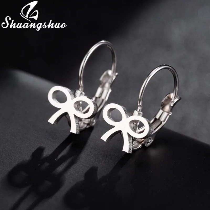 Shuangshuo Cute Tiny Bow Earrings 2019 Jewelry for Women Mini Stainless Steel Knot Stud Best Gifts Girlfriend | Украшения и