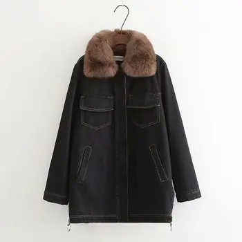 

Woah new TZN994-140 European and American Style Lady's New Real Big Hair Collar Loose Casual Cotton Jean Coat