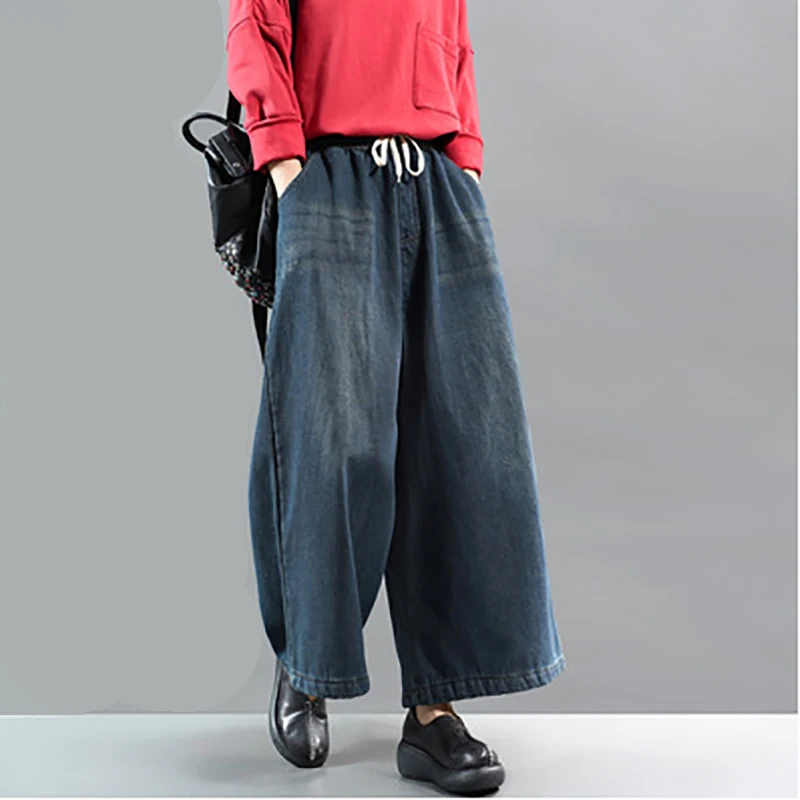 Зимние джинсы больших размеров Свободные флисовые Для женщин ретро джинсовые штаны Werainyee Новинка, эластичная резинка на талии; со шнурком Повседневное брюки, подходящие для любого размера