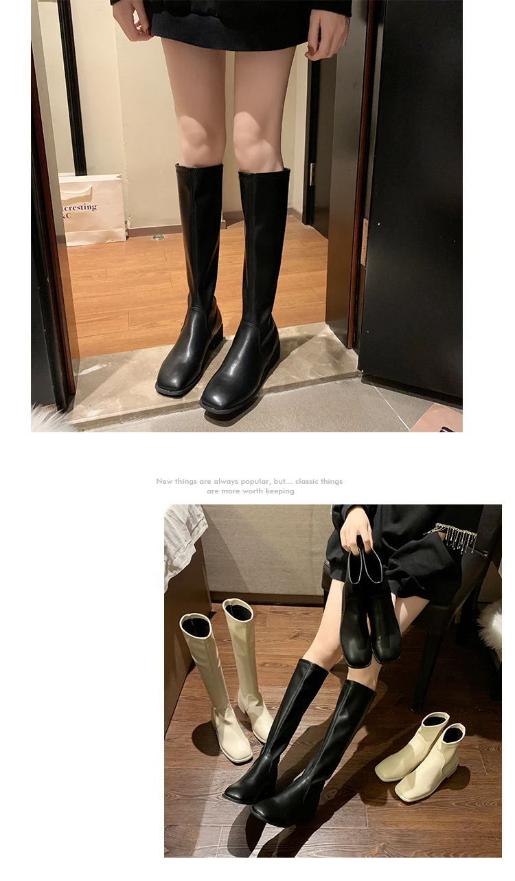 Black Beige Leather Women Knee High Boots Square Head Footwear Low Heels Female Motorcycle Boot Shoes Woman Winter New