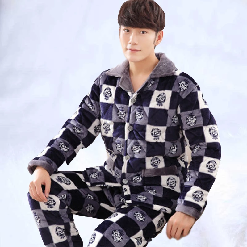 Men's Pijama Feminino Winter Coral Wool Thickened With Wool Three Layer Cotton-padded Jacket Autumn Winter Warm Flange Wear