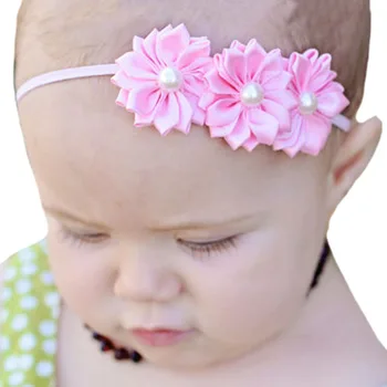 

Newborn Baby Elastic Headbands with Triple Satin Ribbon Flowers Girls Pearls Headwear Infant Kids Hair Accessories Photo Props