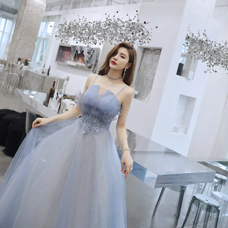 blue gray Сексуальное платье с топом на бретельках для женщин; вечернее платье; вечерние платья для невесты; длинное платье трапециевидной формы; Vestidos - Цвет: blue gray