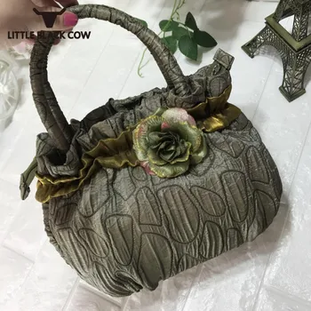 

Elegant Ladies Flower Appliques Totes Bag Vintage Womens Handbag Pleated Party Casual Packing Sac Main Femme Bag Colors Pouch