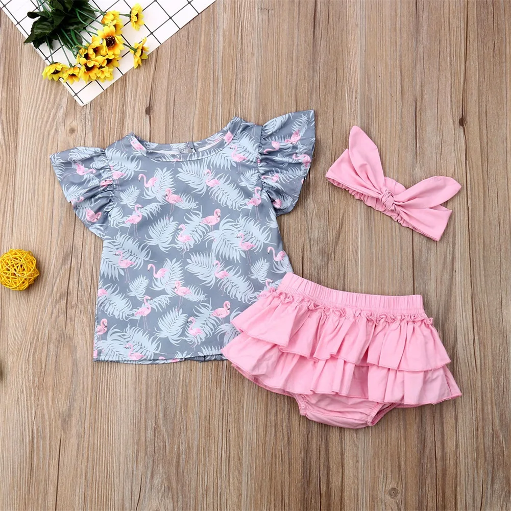 Модная футболка с фламинго, юбка-брюки, шорты, повязка на голову, наряд для новорожденных, одежда для маленьких девочек, мягкий комплект летней одежды