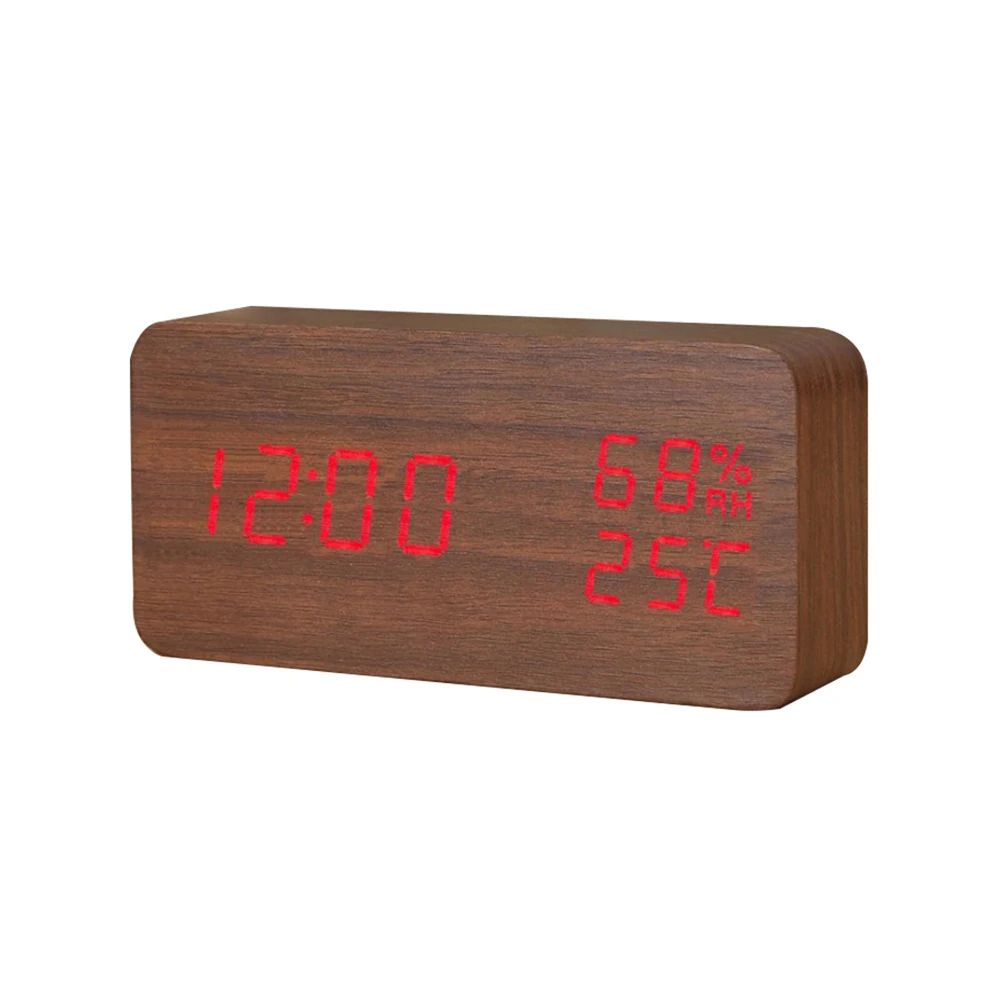 Светодиодный Современный Деревянный Настольные часы маленькие стоячие часы Дата температура влажность дисплей цифровой будильник