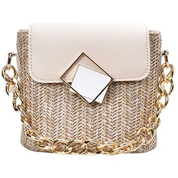 

ASDS-Straw Bucket Bag Shoulder Messenger Handbag Ladies Hand Woven Bag Contrast Color Mini Bag