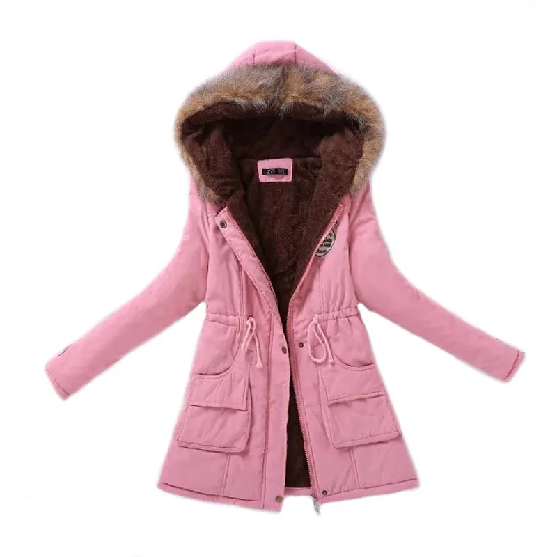 Peach Pink Женская парка осенне-зимние теплые пальто с меховым воротником длинный плюс размер пальто Femme Hiver одежда Туника пуховик ropa mujer YL066 - Цвет: Peach Pink
