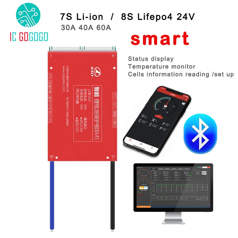 DALY 7S Li-Ion 8S Lifepo4 плата защиты литиевой батареи 24 в BMS Smart Bluetooth APP связь ПК может 485 30A 40A 60A