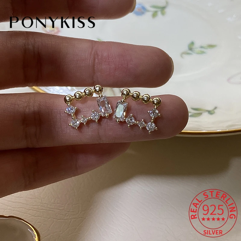 

PONYKISS Trendy 925 Sterling Silver Hollow Square Zircon 14K Gold Stud Earrings For Women Luxury Party Fine Jewelry Elegant Gift