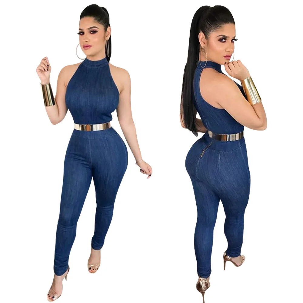 

Sleeveless Bodycon Denim Jumpsuit Women Sexy Back Zippers Rompers Fashion Round Neck Strapless Bodysuit Overalls for Women