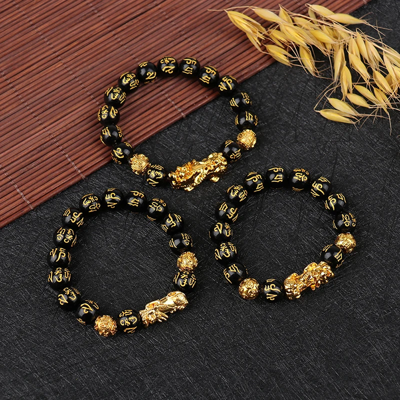 Men Women Stone Beads Bracelet Unisex Chinese Feng Shui Pi Xiu Obsidian Wristband Gold Wealth and Good Luck Bracelets | Украшения и