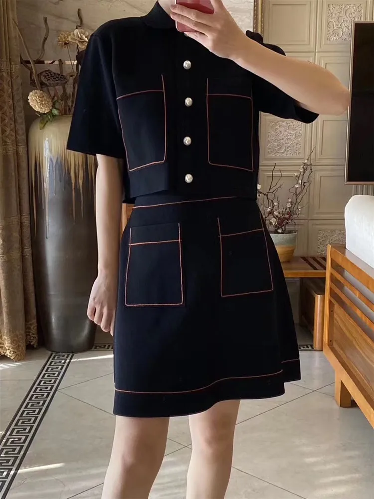 

2020 New Women Knitted Suit Color Stripes Lady Short Sweater Single-breasted Cardigan Top Female Knitwear Mini Skirt With Pocket