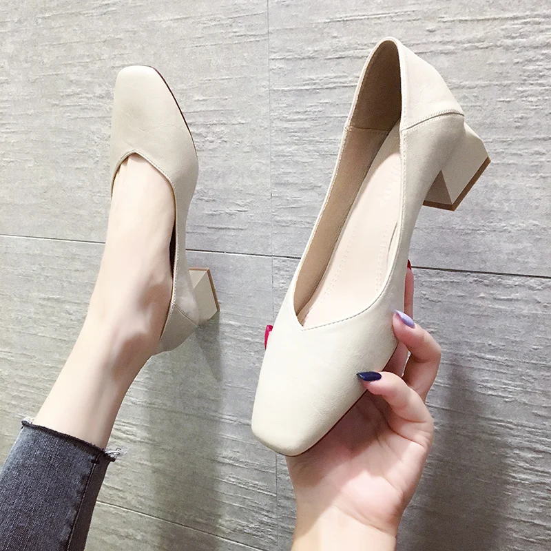 

EOEODOIT Med Heel Soft Leather Shoes Women Square Toe Pumps Slip On Square Heel Daily Work All Match Cozy Female Shoes