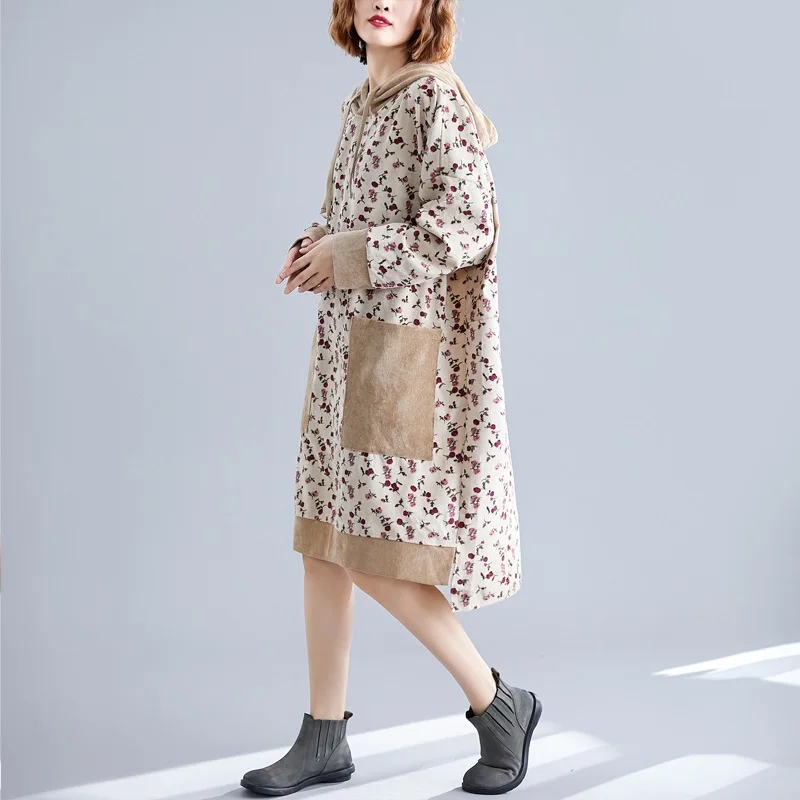 long sleeve Corduroy vintage floral plus size women casual loose midi autumn winter dress elegant clothes ladies dresses