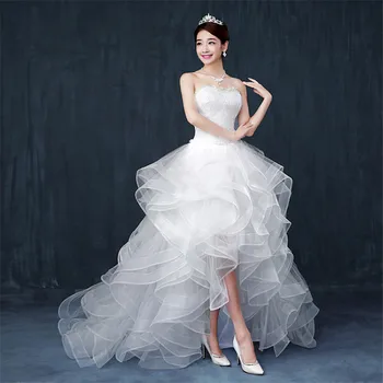 

2020 Front Short Long Back Strapless Wedding Dress Sweet Bride Dress With Train Customized Wedding Gown Vestido De Noiva D183