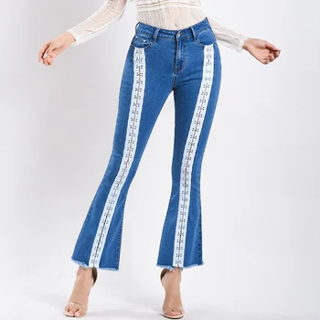 

New Style Flare Jeans Pants Woman Blue Rivet Jeans Slim Sexy Split Pants Denim Jeans Streetwear Jeans calca feminina jeans moda