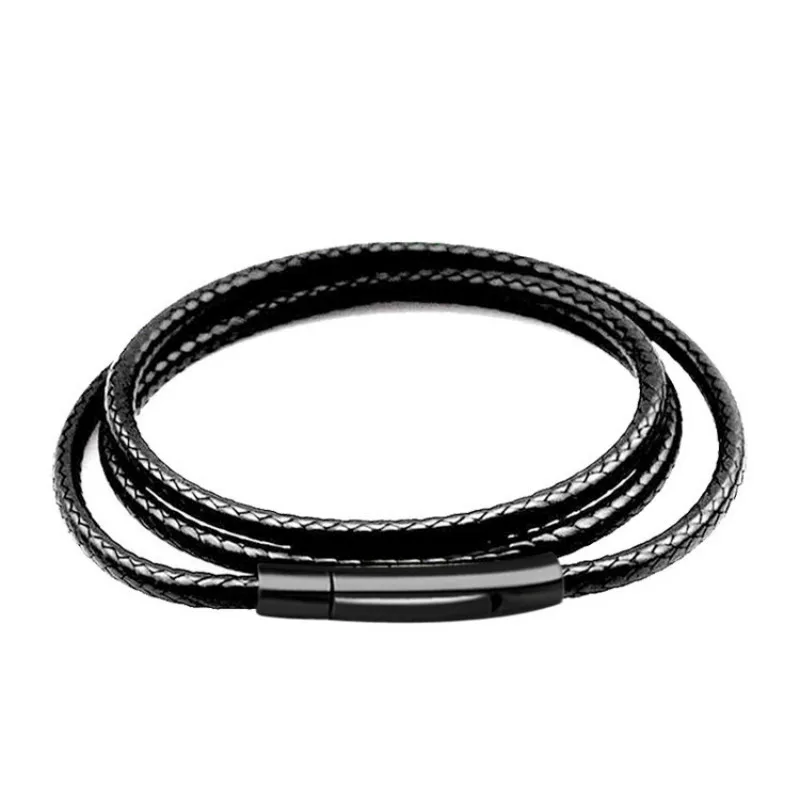Leather cord necklace 2mm 3mm mens womens black braided stainless steel clasp for pendant DIY