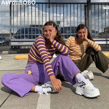 

2020 Vintage ins hot purple yellow striped oneck Cardigan bottons long sleeve knitted croo top women tee female YQ-1123