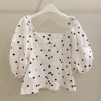 

2020 vintage new women dots prints puff sleeve shirt blouse ladies white casual shirt ddxgz2
