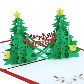 

10 PCS Merry Christmas Gifts Tree Pop-Up Cards Santa Card Handmade with Envelope Stickers Laser Cut New Year Greeting Cards