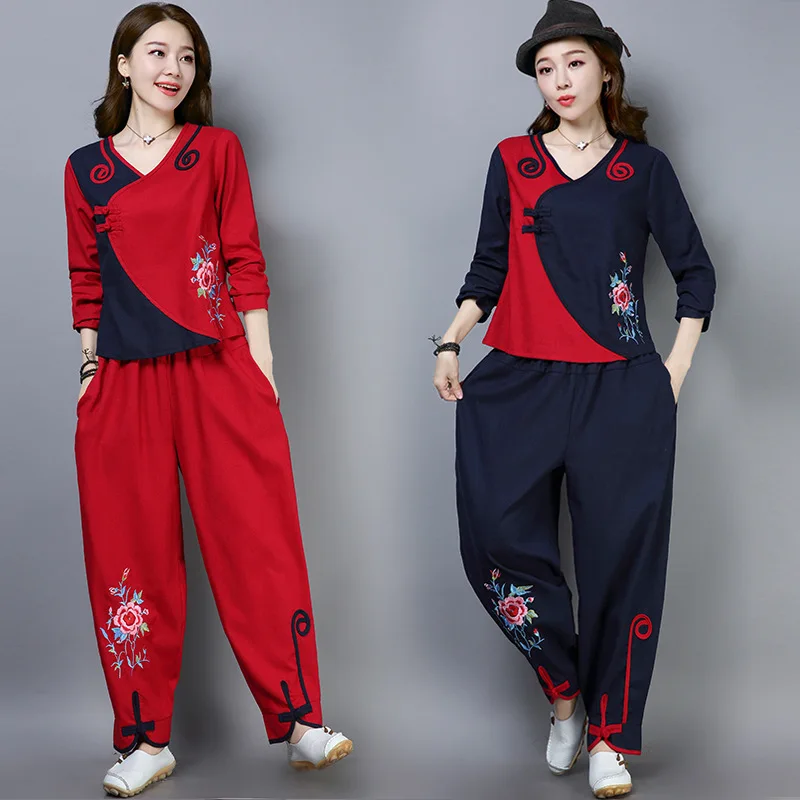 

2018 Autumn New Style Ethnic-Style Cotton Linen Embroidered V-neck Long-sleeved Upper Garment + Loose-Fit Loose Pants Set