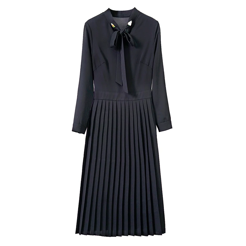 

Xiaomoli Elegant temperament commuter small black dress with beads and bow tie fit Pleated Dress New in autumn and winter 2019