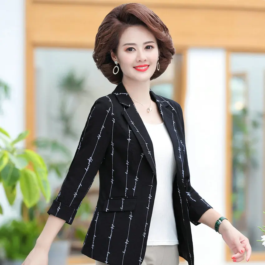 Mature Women Black Slim Fit Blazer Autumn Spring Three Quarter Sleeve Notched Collar Jacket Suit Middle Aged Woman Blazers XXXXL