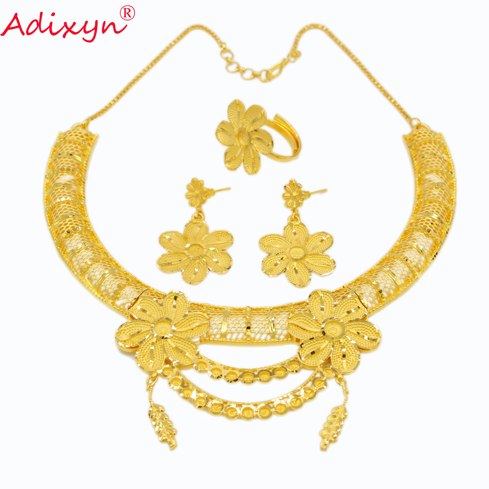 Adixyn, новое ожерелье в форме цветка, серьги, кольца, свадебные женские ювелирные изделия, золотой цвет, африканские/эфиопские/Дубай, вечерние, подарки, N11023